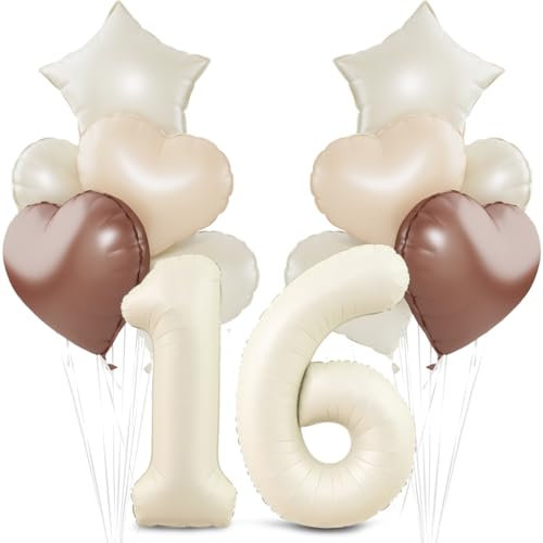 Beige Luftballon 16.Geburtstag,Cremeweiß 16. Geburtstag Ballon Deko,XXL 40 Zoll luftballon 16.,Beige Aprikose Braun Herz Stern Folienballons,für 16 Jahre Geburtstagsdeko Jubiläum Party Dekoration