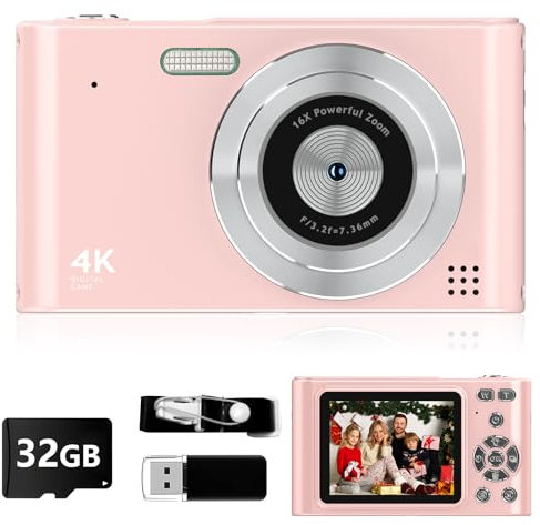 Fotocamera digitale 2025, fotocamera per bambini 1080P, fotocamera Vlog con scheda da 64 GB, cordino, zoom 16X anti vibrazione, lettore di schede, fotocamera compatta portatile da 44 MP, regalo per