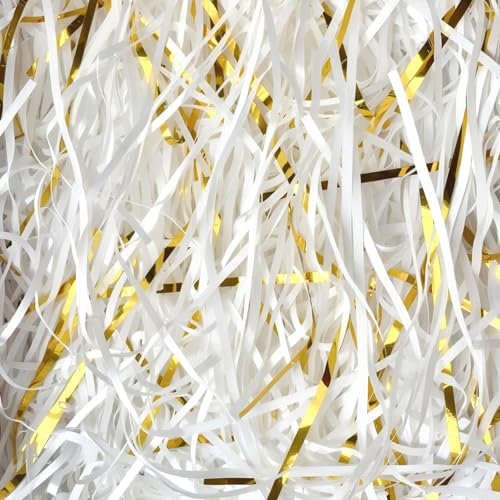 HXJDAM 300g White and Gold Shredded Tissue Paper for Gift Boxes and Bags, Hamper Filling, Gift Basket Filler, Gift Filler Paper for Packaging Decoration.