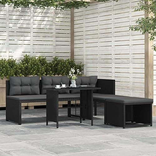 IKAYAA Polyrattan Lounge mit Ecksofa, Esstisch, Balkon Lounge Balkon Ecklounge, Balkonsofa Kleiner Sitzecke Loungemöbel Gartensofa Ecksofa Schwarz