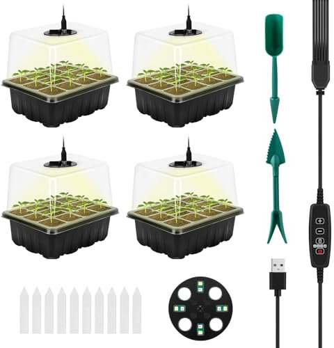 RIOGOO Confezione da 4 vassoi per semi con luce di coltivazione, kit di avviamento per semi temporizzati con luminosità e umidità regolabili, kit di germinazione in serra (12x4,48 celle)