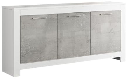 AltoBuy Denae - Buffet 3 Portes L160cm Laqué Blanc Brillant et Gris Marbré
