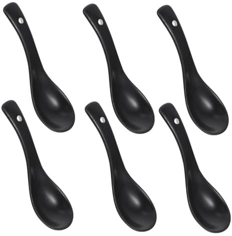 Alipis Chinese Soup Spoons: Asian Ceramic Ramen - 6PCS Black Soup Spoons - Retro Porcelain for Home Kitchen Restaurant Wonton Dumplings Cereal