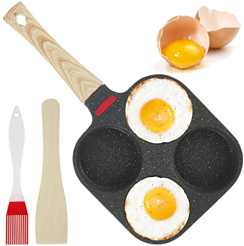 Egg Pan Non Stick 4 Hole Pancake Pan Nonstick Aluminium Frying Pan Fried Eggs Burger Pan Multi Mini Pancake Pan Poached Egg Pan Egg Skillet for All Gas Stove & Induction Hob (With Brush & Spatula)