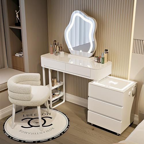 MYDD8 Vanity Desk with Mirror and Drawers,Makeup Table with Wireless Charging, Bluetooth Audio,Dressing Table with Chair, Surprise Gift for Daughter and Wife. (White dressing table set A)