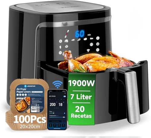 Aigostar Cube Smart, Freidora de aire inteligente sin aceite, Conexión Wifi, 1900W, 7L, Modo manual, Pantalla LED táctil, 7 funciones + mantener caliente, Con Papel Freidora Aire 100 Unidades