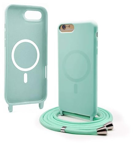 Bigcousin Funda Magnética con Cuerda Compatible con iPhone 8 Plus/7 Plus,Compatible con Magsafe,Silicona Caso con Correa Colgante Ajustable Collar Correa de Cuello Cadena Cordón,Verde Menta