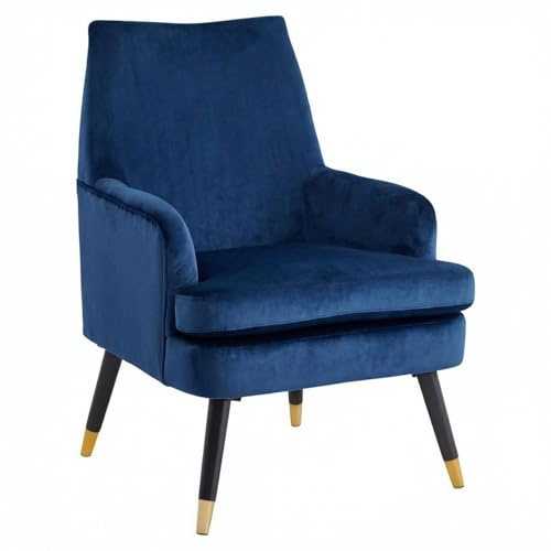 FWStyle Loretta Midnight Blue Velvet Accent Padded Armchair – Luxury Upholstered Lounge Chair with Gold-Tipped Black Legs – Modern Statement Chair for Living Room, Bedroom, or Home Office