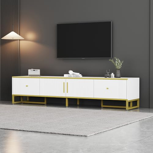 SACOOL Eleganter weißer TV-Schrank, 180x40x40cm, mit Goldener Umrandung, 2 Türen, 2 Schubladen, verstellbaren Füßen und Kabelmanagement – ideal für 80-Zoll-Fernseher (Weiß-1)