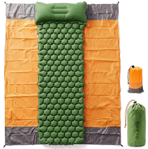 Feyo Matelas Camping Gonflable 1 Personne avec Tapis de Sol – Matelas léger et Compact pour Bivouac, Tente ou Voiture – Matelas de Camping 1 Place Confortable avec Oreiller intégré et Double Valve