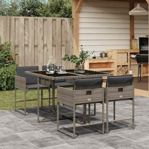 Bucmath 5-TLG. Garten-Essgruppe mit Kissen, Grau Poly Rattan, Klappstühle, Hartglas-Tischplatte, UV-beständig, platzsparende Outdoor-Möbel für Terrasse & Balkon