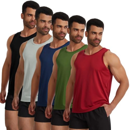 Mexholin 5 Pack Mens Vest Tops Slim Fit Summer Tank Tops Men Classic Sleeveless Undershirt Training Vests for Athletic Gym Workout Black/Grey/Navy/Green/Red XL
