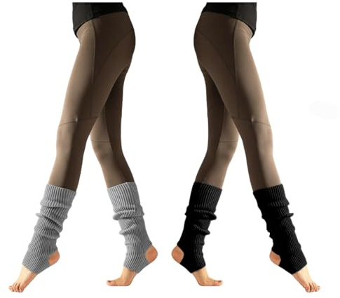 ZWWOGE 2 Paires de Guêtres Tricotées pour Femmes & Filles (Noir & Gris) - Jambières Longues pour Ballet, Yoga et Quotidien - Confortables et Chaudes pour Danse & Patinage
