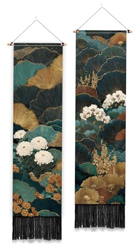PLIGREAT Pack of 2 Japanese Fan Style Wall Tapestry, Retro Floral Long Vertical Tapestry Aesthetic Wall Hanging with Tassels for Bedroom Living Room Bathroom Home Art Decor Housewarming Gift