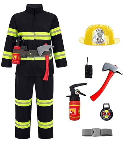 Kids’ Firefighter Costume Set, Complete Fireman Role Play Outfit with Jacket, Trousers, Helmet, Toy Fire Extinguisher, Axe, Walkie Talkie and Accessories, Ideal for Halloween, Fancy Dress