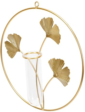 Wall-Mounted Glass Vase Wall Pendant in Iron, Gold Wall Decor | Indoor Botanical Display for Living Rooms, Party Backdrops, Hanging Flower Arrangement, Modern Farmhouse Styling