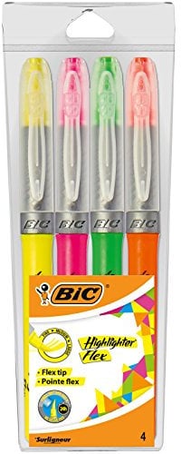 BIC Highlighter Flex, Textmarker mit flexibler Pinselspitze, 4er Pack in verschiedenen Farben, Strichstärke: 1,0 mm bis 4,3 mm