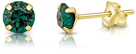 DTPsilver * Petites * Boucles d'oreilles/Clous en Argent Fin 925 Plaqué Or Jaune et Cristaux de Swarovski® Elements Ronds - Diamètre: 5 mm - Couleur: Emeraude