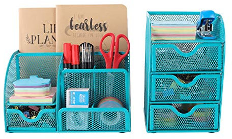 EasyPAG, Schreibtisch-Organizer aus Metallnetz, 2-teiliges Set – vielseitiger Stifthalter und 3 Ebenen, kleine Schublade, Bürobedarf, Aufbewahrungsbehälter türkis