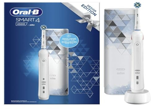 Oral-B Spazzolino Elettrico Ricaricabile Smart 4 4500 Bianco. Edizione Design con Esclusiva Custodia da Viaggio. 1 Spazzolino Connesso Con Bluetooth