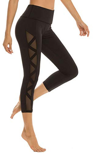 romansong Damen Mesh Leggings Yoga Hose mit Tasche Nicht Durchsichtig Capri Hohe Taille Bauch Kontrolle 4-Wege-Stretch - Schwarz - Klein