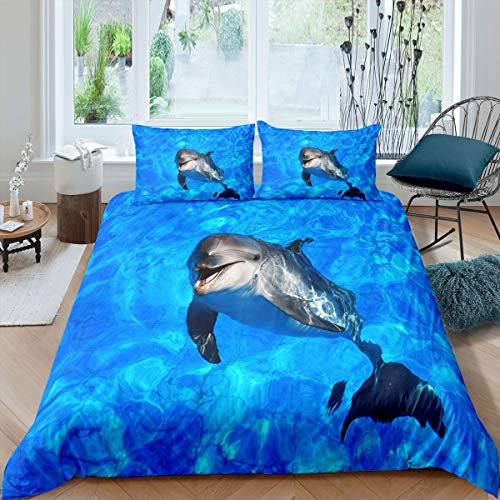 Loussiesd Netter Delphin Bettwäsche Set 155x220cm Ocean Marine Themed Bettbezug Set Sea Creatures Betten Set für Jungen Mädchen Kinder Schöne hawaiianische Sealife mit 1 Kissenbezug