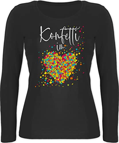 Langarmshirt Damen - Karneval & Fasching - Konfetti im Herzen I - M - Schwarz - Karnevals t-Shirts in Langarm faschingsshirt Faschings köln Shirt t-Shirt faschingsoberteil fassenacht Herz Longshirt