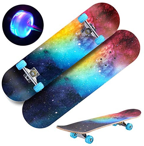 Standard Skateboards 31 , 8-lagiges Ahornholz Komplette Skateboards mit PU-LED-Leuchträdern für Anfänger, Kinder, Jugendliche, Erwachsene (inklusive Rucksack, Graffitipigment, Werkzeug) XVBVS