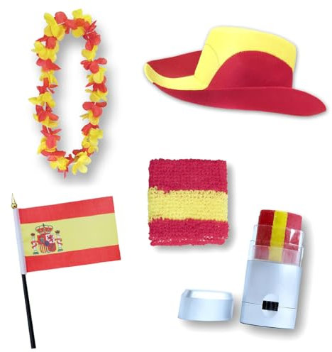 Sonia Originelli Fanset Fanartikel Fanhut Blumenkette Schminkstift Schweißband Fähnchen WM EM Farbe: Spanien
