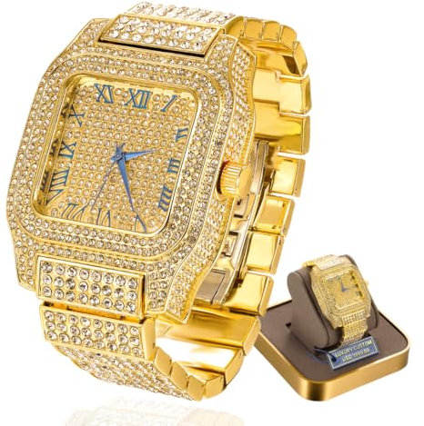 Halukakah Premium-Diamant Gold Uhr für Männer - 18k Echtgold Plattiert,Römische Ziffern,Quadratisches Zifferblatt,200g Schwer,3 Seiten Iced Out,24cm Armband - Geschenkbox Inklusive