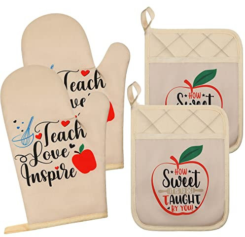 4 Paquets Cadeaux d'Appréciation d'Enseignant Retour à École Sets de Maniques et Mitaines de Four Drôles Set de Mitaines de Cuisine et de Maniques avec Poche et Boucle de Suspension