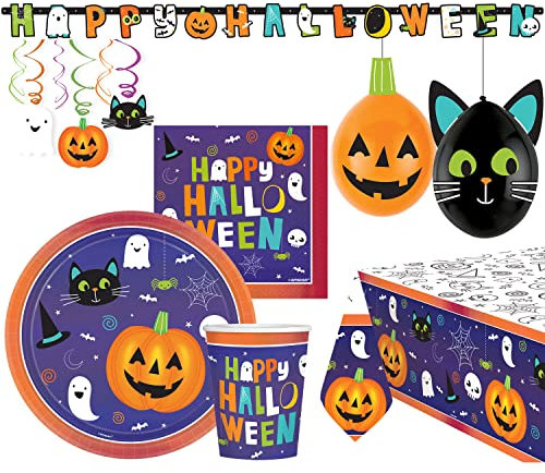 amscan 9908042-66 – Kit d'halloween 42 pièces, Vaisselle jetable et décoration effrayante, fête à thème, Dessin animé, Multicolore, Unica
