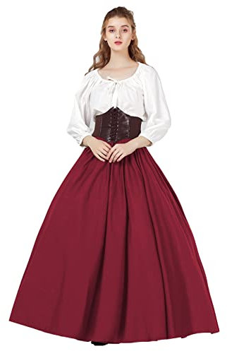 BEAUTELICATE Jupe Médiévale Victorienne en 100% Coton Renaissance Moyen Age Costume Retro Jupe Longue A-Line De Femme Rouge Maroon, S