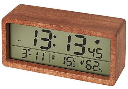 SANON Digitaler Wecker, Holzwecker Batterie, LCD Wecker Holz mit Hintergrundbeleuchtung, Digital Uhr mit Temperatur und Luftfeuchtigkeit für Schlafzimmer Schlafsäle