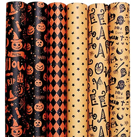 Halloween Geschenkpapier Set - 6 Blatt Braun Kraft Vintage Geschenkverpackungen Perfekt Für Halloween, Den Tag Der Toten (6 Designs)