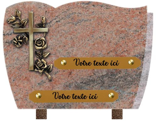 FRANCE TOMBALE Plaque funéraire personnalisée - Granit - assemblée en France - bronze croix roses - H 18 X L 25 cm - 2 textes