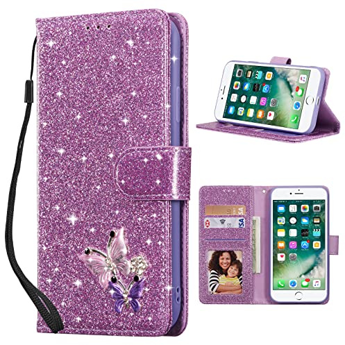 QLTYPRI Case for iPhone 7/iPhone 8/iPhone SE 2020/iPhone SE 2022 5G, Wallet Case Premium Glitter PU Leather TPU Bumper Card Holder [Wrist Strap] Inlaid Butterfly Diamond Flip Cover - Purple