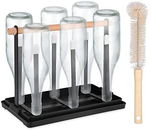 Hejo Mug Holder, Black Elegant Metal Bottle Drying Rack for 6 Bottles, Bottle Drying Rack with Cup Brush, Bottle Holder for SodaStream, Bottles, Cups