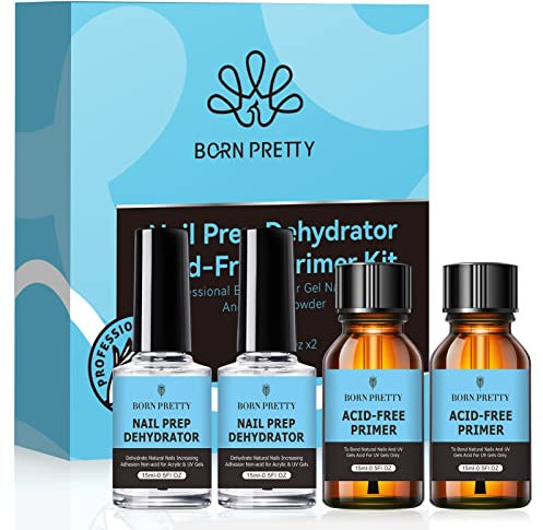 BORN PRETTY 4PCS Primer Ongle Vernis Semi Permanent et Déshydrateur Ongle Kit, Acrylic Poly Gel UV Vernis à Ongles Nail Prep Acid Free Nail Primer Natural Air Dry Dehydrate Primer Nail Polish 15ml