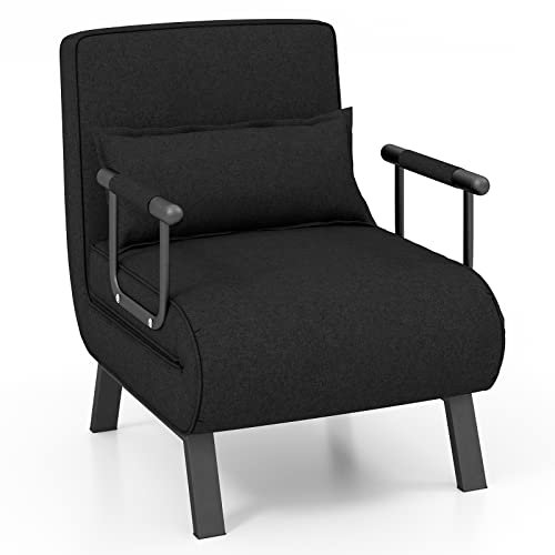 COSTWAY Sofá Cama Convertible, Silla de Dormir Individual Tri-Fold con Respaldo Ajustable de 6 Posiciones, Cojín Desmontable y Asiento Tapizado, Estructura Metálica Plegable para Hogar (Negro)