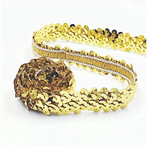 SHTGOI 10 Yards Pailletten Bänder Elastisch Glitzer Paillettenbesatz 2 cm Breite Paillettenband Trim 2-Reihiger Paillettenborte Stoffband für DIY Nähen Kleidung Handwerk Deko Gold