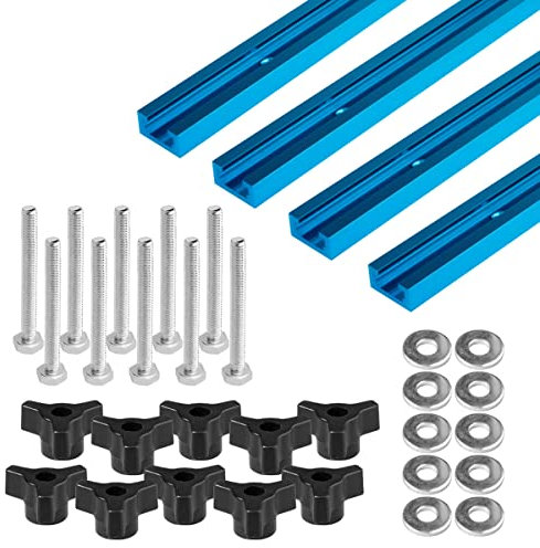POWERTEC 71862 4 Stück Doppelschnittprofil Universal-Track (91,4 cm) mit EZ-Mount vorgebohrten Löchern und 10 Stück T-Track-Knäufe mit 1/4-Zoll-20 x 1-1/2-Zoll-Sechskantschrauben und Unterlegscheiben