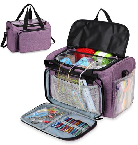 JOZEA Garn Stricken Lagerung Tote-große Kapazität häkeln Veranstalter tragbare Reisetasche mit Schultergurt Häkelnadeln Fall für unfertige Bulk-Projekt(Violett