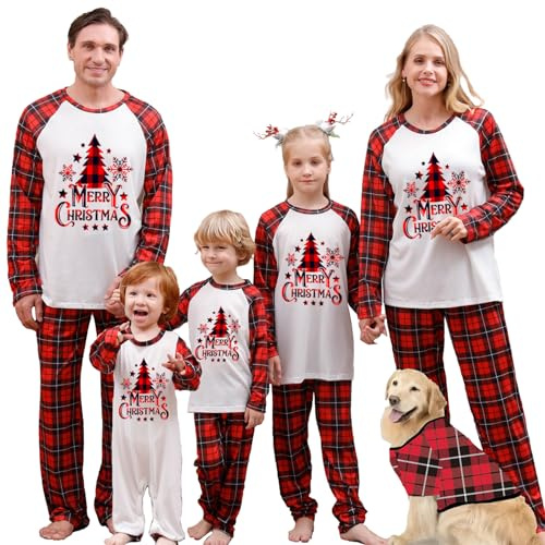 UUAISSO Ensemble Pyjama de Famille de Noël Vêtements de Vacances pour Hommes Femmes et Enfants Pyjama à Manches Longues Plaid rouge Femmes M