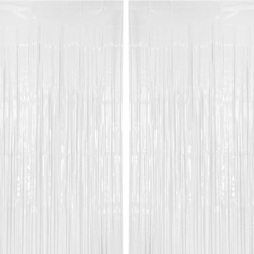 PIGETALE 2PCS Pastel White Tinsel Curtain Party Backdrop, 3.2x8.2ft Macaron White Metallic Streamers Foil Fringe Curtains for Birthday Christmas Halloween Princess Frozen Snow Holiday Party Decoration