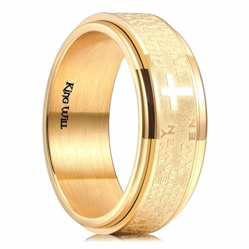 King Will 8mm Gold Stainless Steel Ring Lord's Prayer Rotatable Ring Men Wedding Band Rings Comfort Fit 14