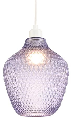 Contemporary Designer Lilac and Purple Curvy Diamond Etched Glass Pendant Lamp Shade | 40w Maximum | 25cm x 21cm | for Living Room Bedroom Dining Room etc by Happy Homewares