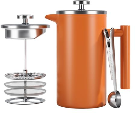 Enfmay Cafetière 1000ml,3 Level Filter Double-Walled Insulated French Press Caffettiere for Home and Office Coffee Pot,Stainless Steel French Press Coffee Maker,Extra 1Filter and 2-in-1 Clip Spoon