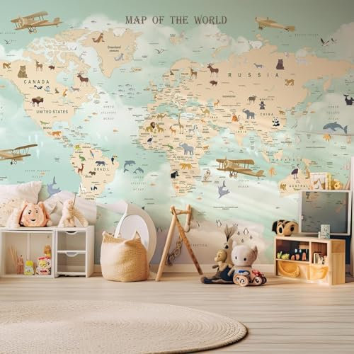 Hexoa Papier Peint Enfant Carte du Monde Avions - Made in France - 364x270