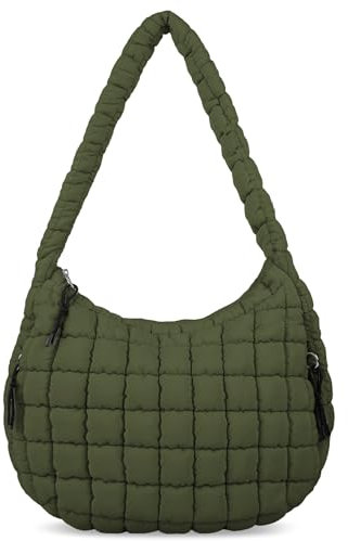 Puffer Tote Bag für Damen, große gesteppte Tragetasche, Puffy Crossbody Tasche mit Reißverschluss, Nylon gesteppte Tragetasche, Hobo Handtaschen, Dunkelgrün, Medium, Gesteppt